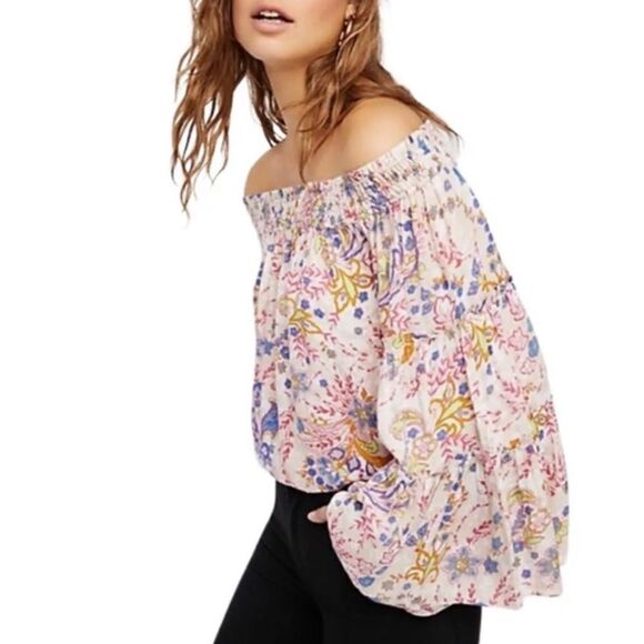 Free People Boho Off Shoulder Bell Sleeve Smocked Floral Blouse - Picture 2 of 14